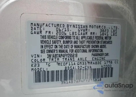 2015 Nissan Sentra S z USA, uszkodzony, nr VIN 3N1AB7AP4FY295818